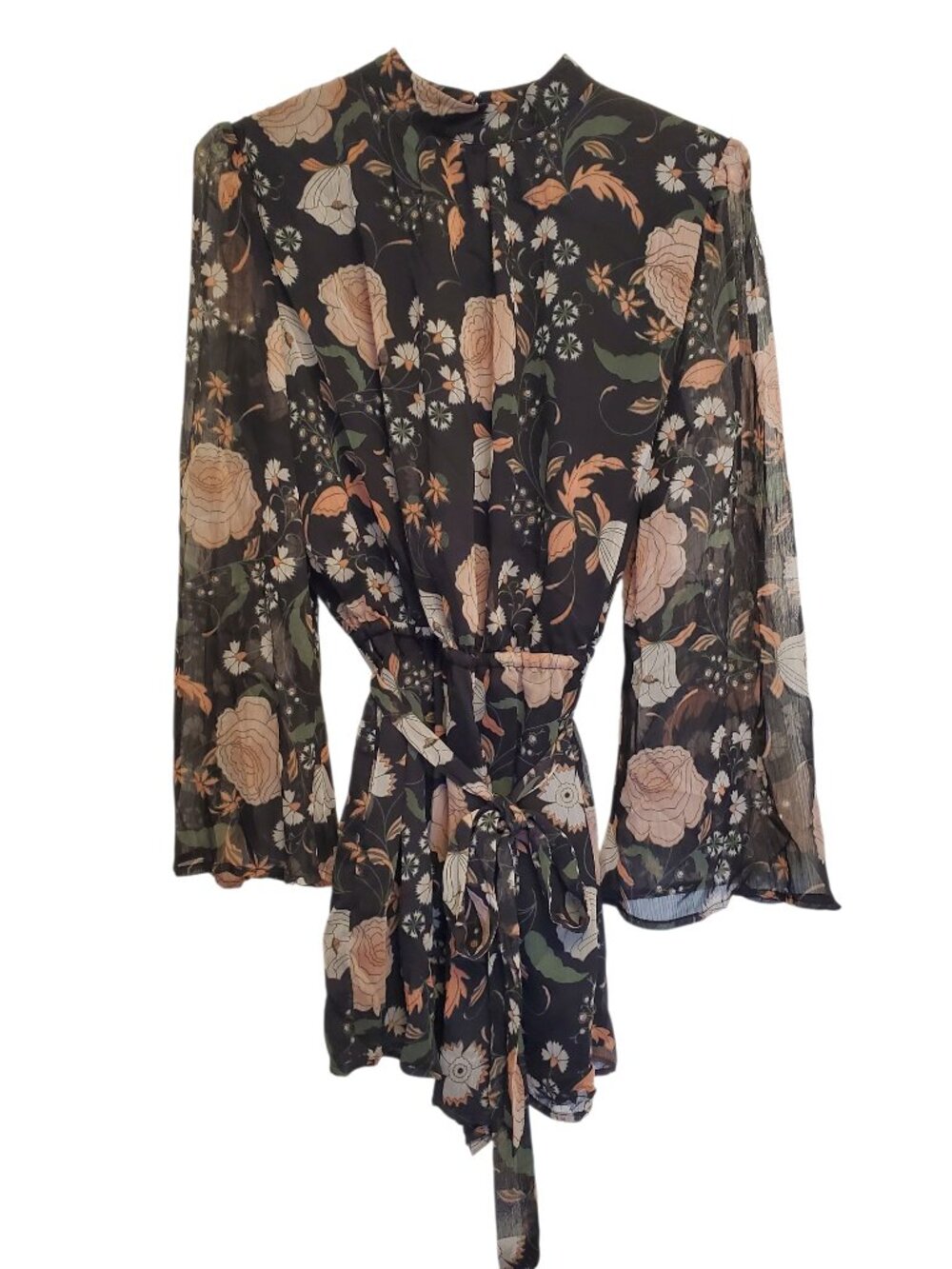 BB Dakota Tullia Floral Long Sleeve Boho Black Sheer Romper Size M